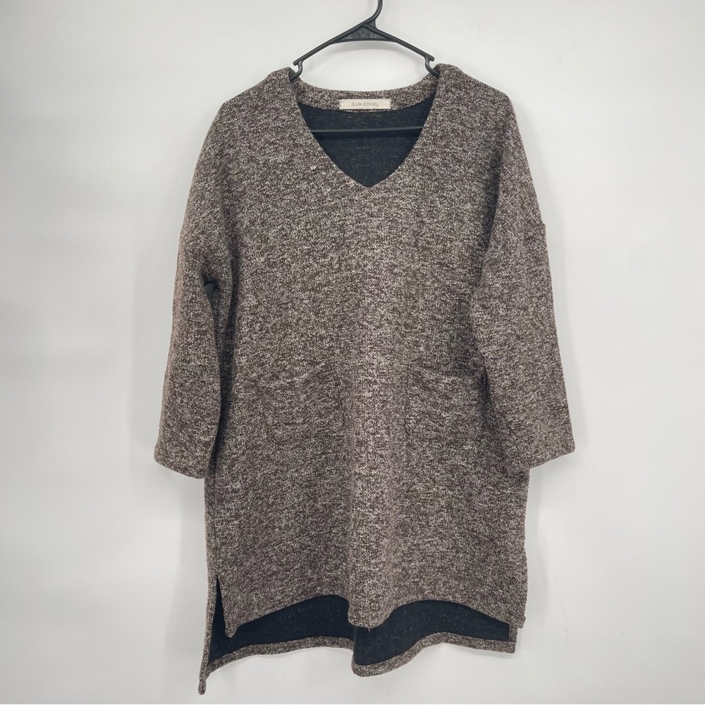 Raw Edge One Size Tunic Sweater Womens Brown Marled Wool Blend V-Neck‎ Pocket